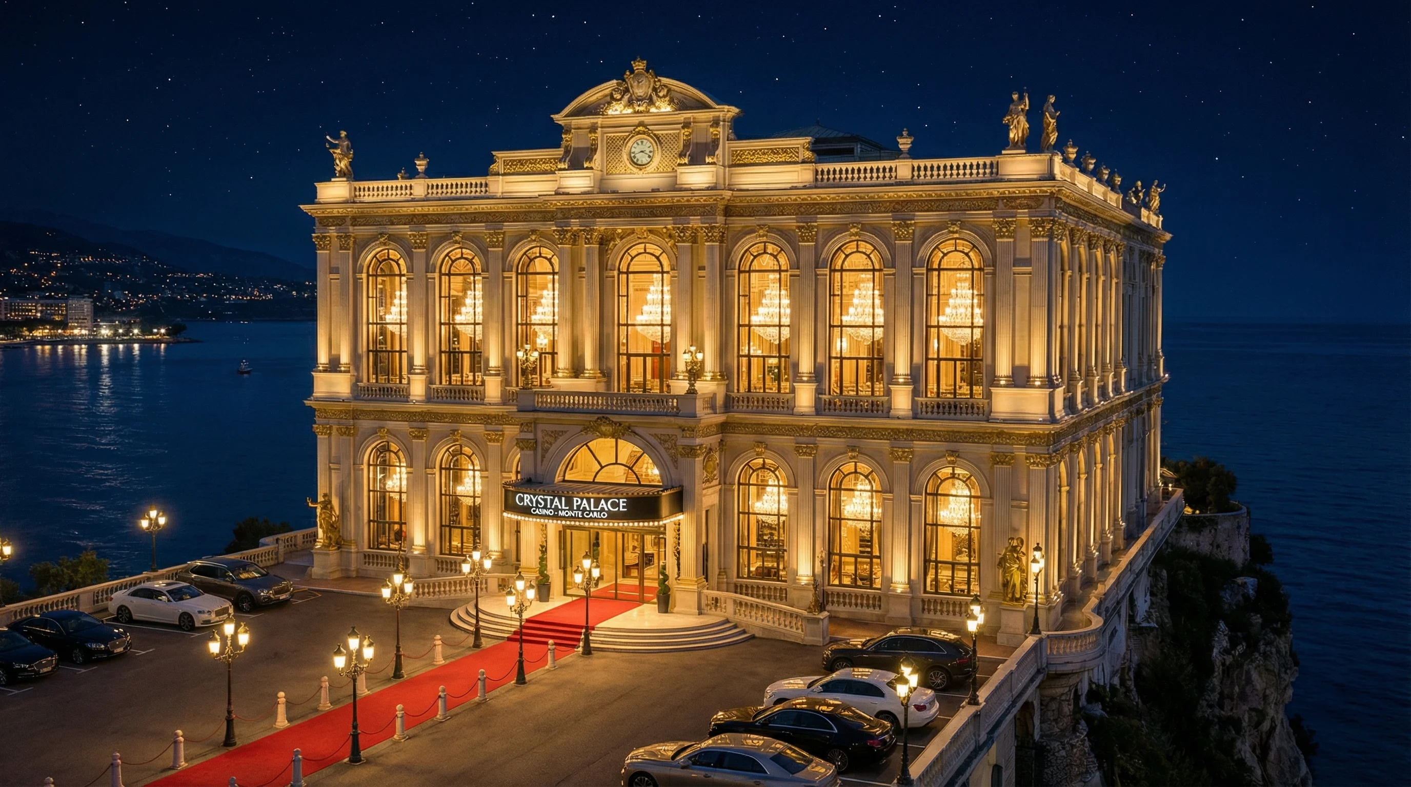 蒙特卡洛夜景下的水晶宫殿，彰显 百家乐 的奢华氛围